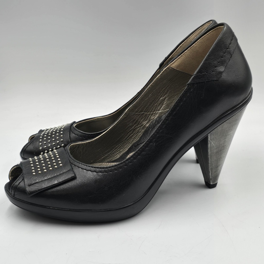 Sitting Bull Pumps Womens 39 Peep Toe Studded Bow Black Leather Cone Heel Pewter